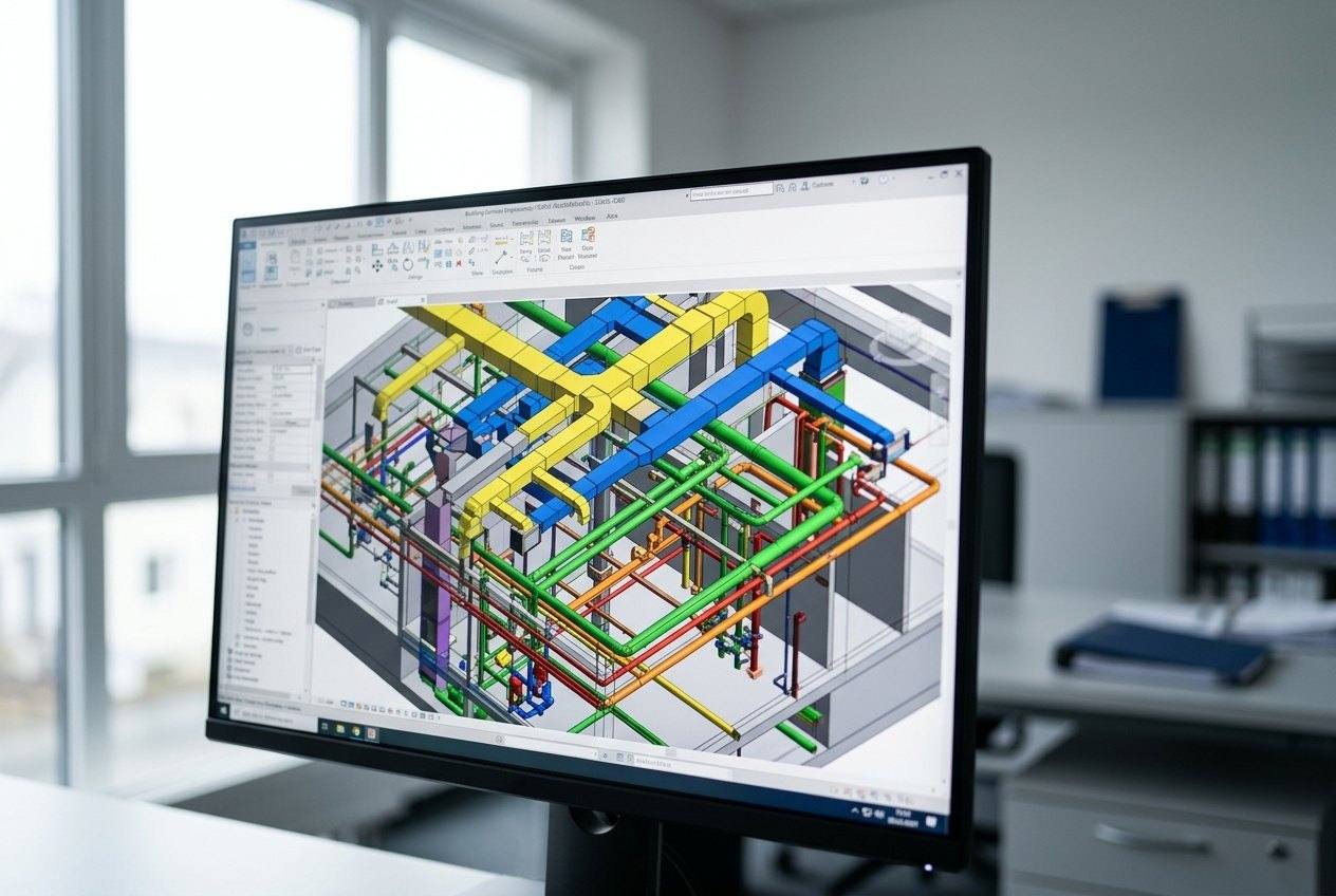 Dreidimensionales Anlagenmodell der Gebäudetechnik auf dem Bildschirm eines Planungsarbeitsplatzes