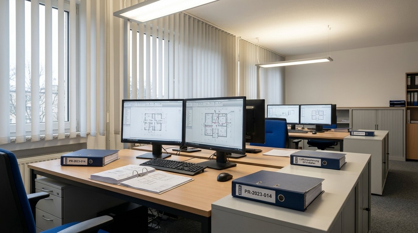 Arbeitsplätze mit Planunterlagen in einem Ingenieurbüro