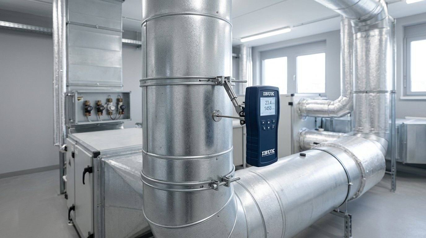 Messgerät am Lüftungskanal einer raumlufttechnischen Anlage im Technikraum