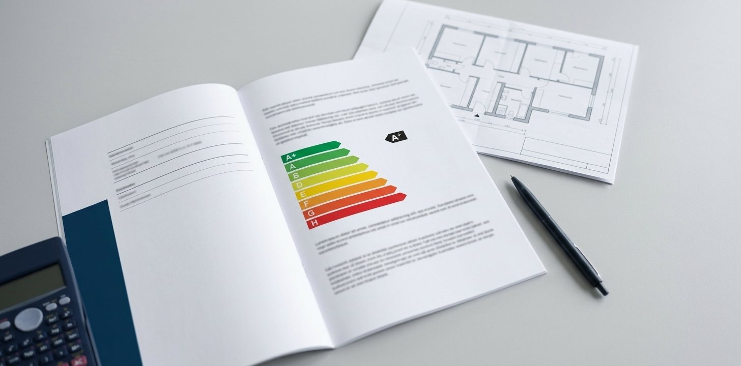 Energieausweis mit Effizienzskala und Grundriss auf dem Schreibtisch