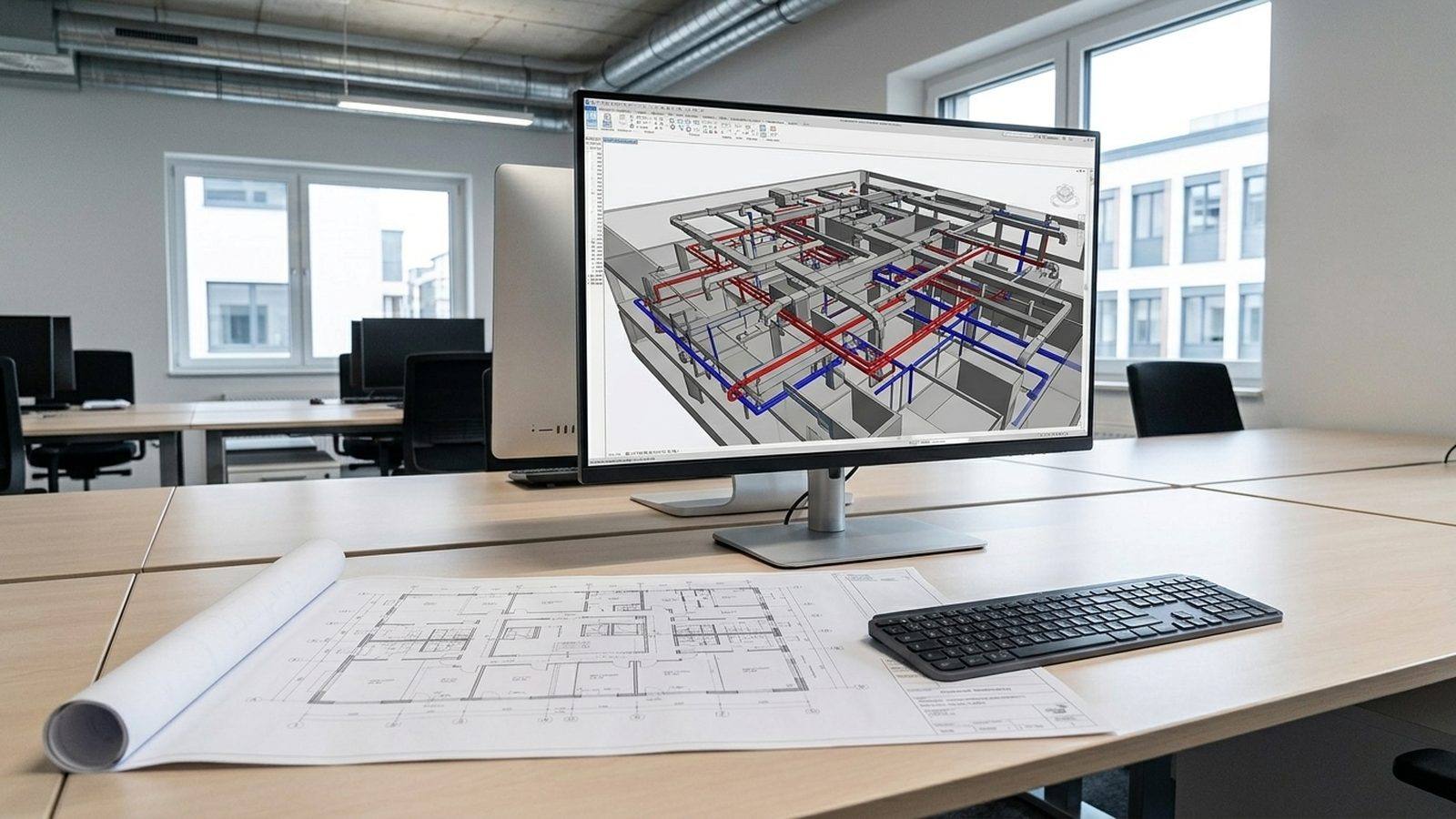 Anlagenmodell und Grundriss am Arbeitsplatz eines Ingenieurbüros für technische Gebäudeausrüstung