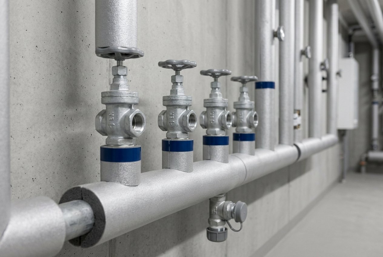 Trinkwasser-Verteilleitung mit Absperrventilen im Technikraum