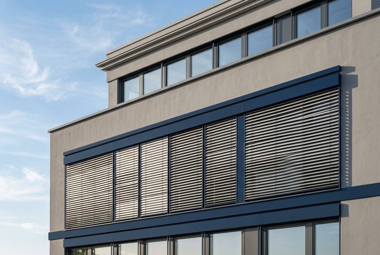 Bürofassade mit außenliegendem Lamellen-Sonnenschutz, halb geschlossen bei Sonnenschein
