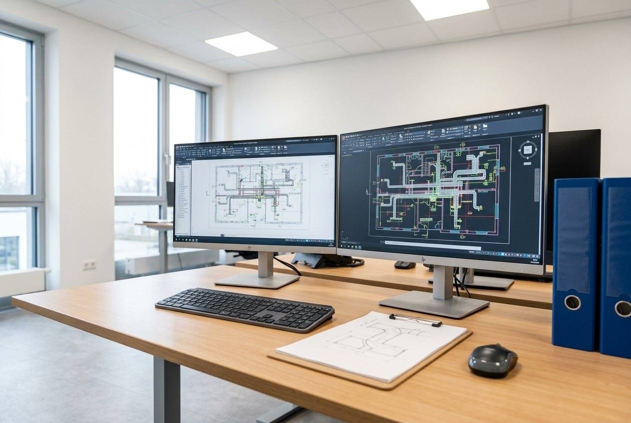 Zwei Bildschirme mit der Lüftungs- und Sanitärplanung eines Bauvorhabens im Ingenieurbüro