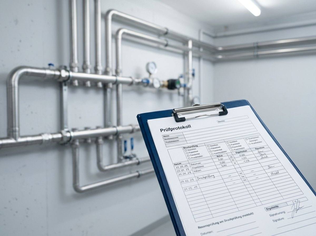 Prüfprotokoll auf dem Klemmbrett vor einer Trinkwasser-Installation im Technikraum