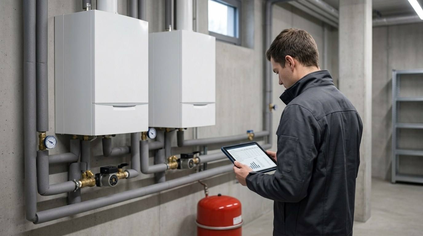 Wärmeerzeuger und Verteilleitungen in der Heizzentrale eines Gewerbegebäudes